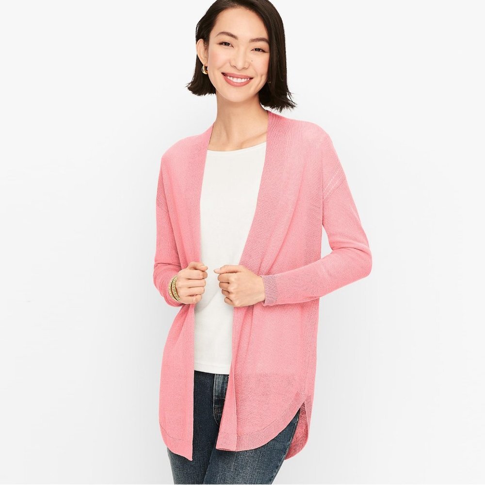 New Talbots Linen Blend Pointelle Open Front Pink Cardigan Size S